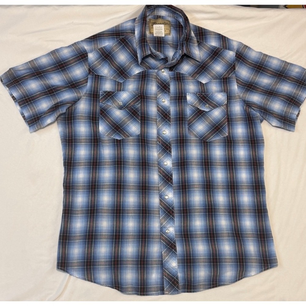 Wrangler Western Fashion Mens Blue Plaid Short Sleeve Pearl Snap Shirt Large